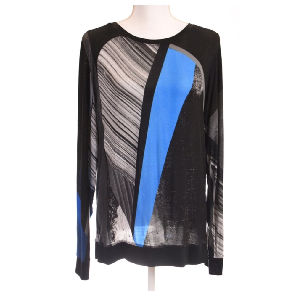 Helmut Lang Blue and Black Brushstroke Graphic Abstract Stretch Jersey Tunic Top